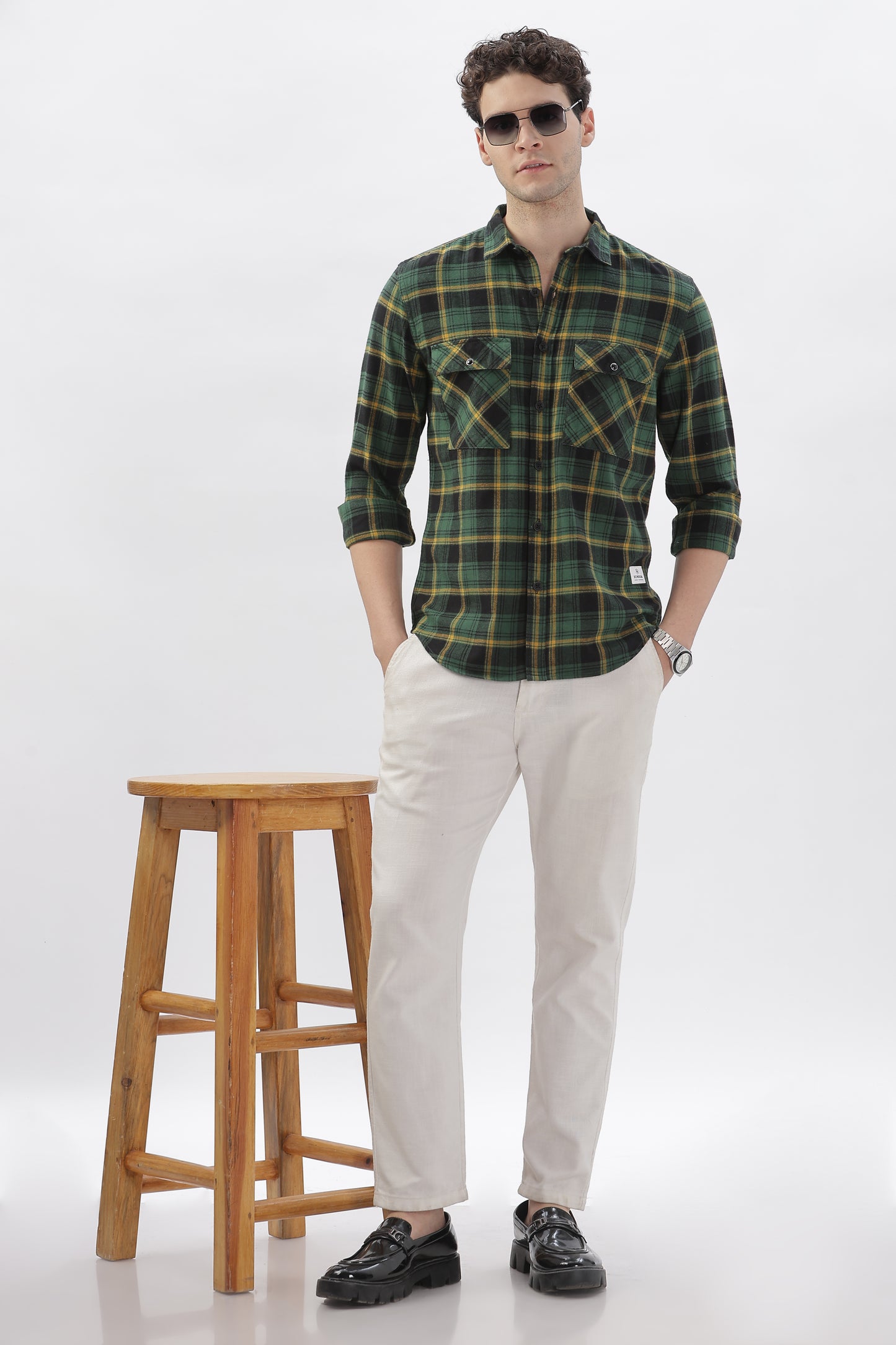 Two-Tone Green and Yellow Checked Shirt
