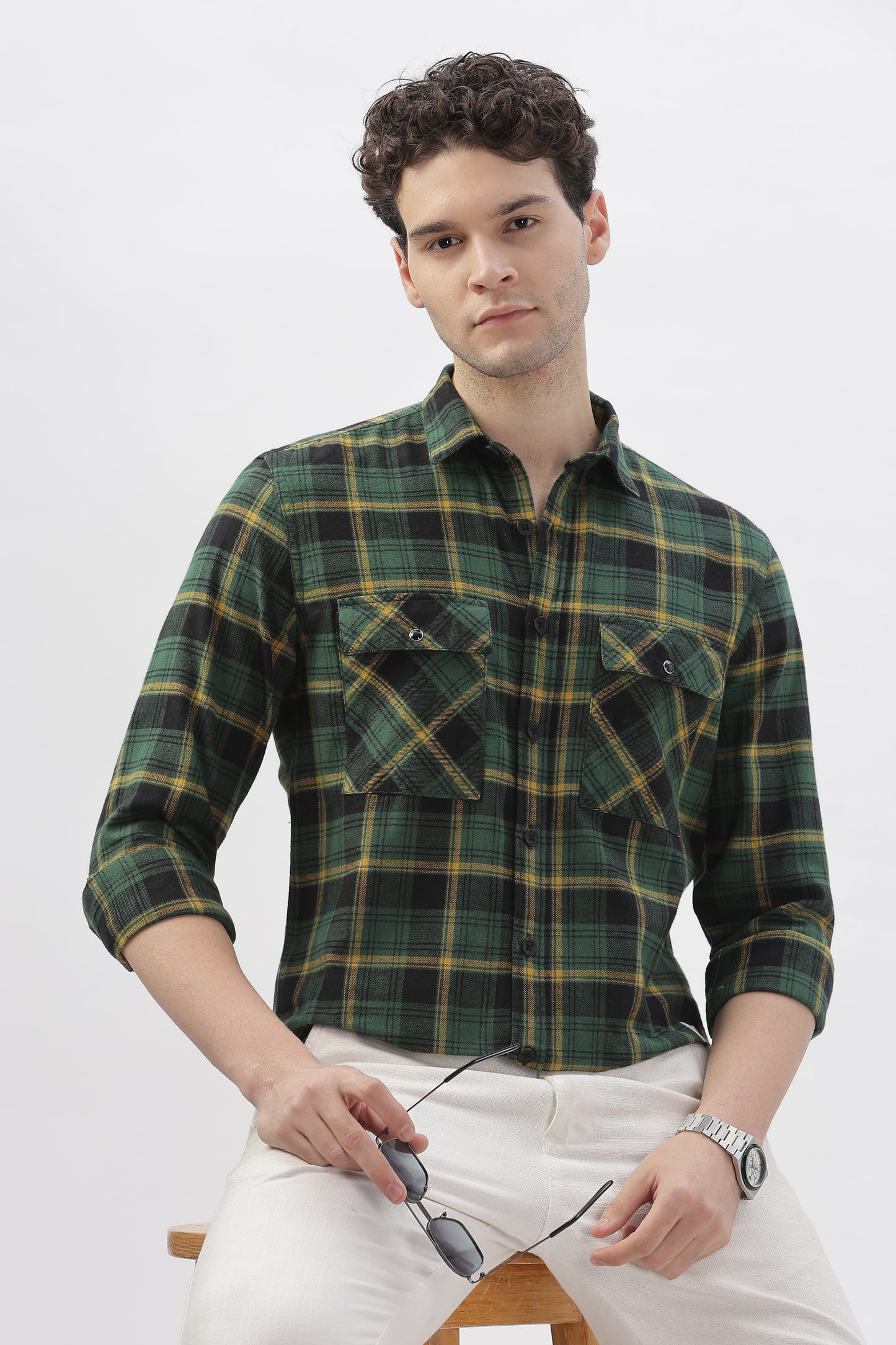 Two-Tone Green and Yellow Checked Shirt