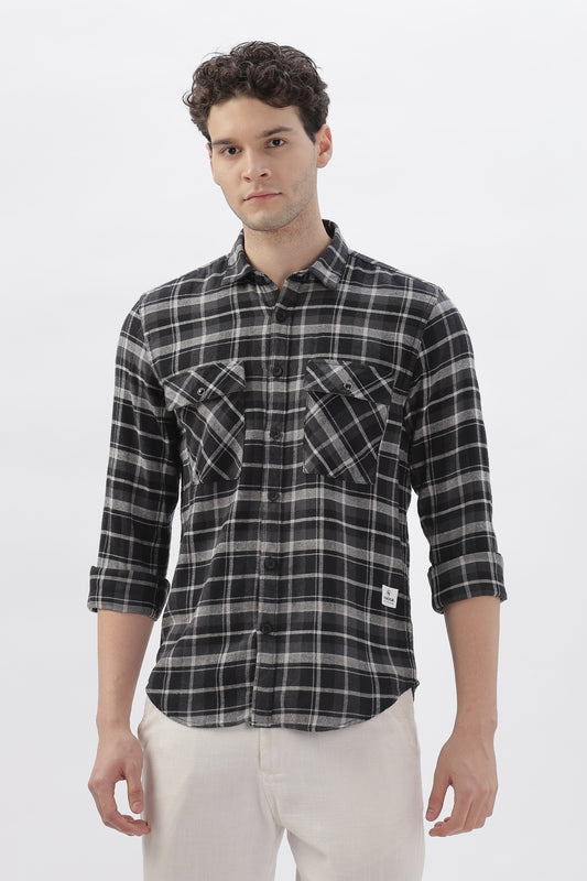Double Pocket Black Checkered Shirt