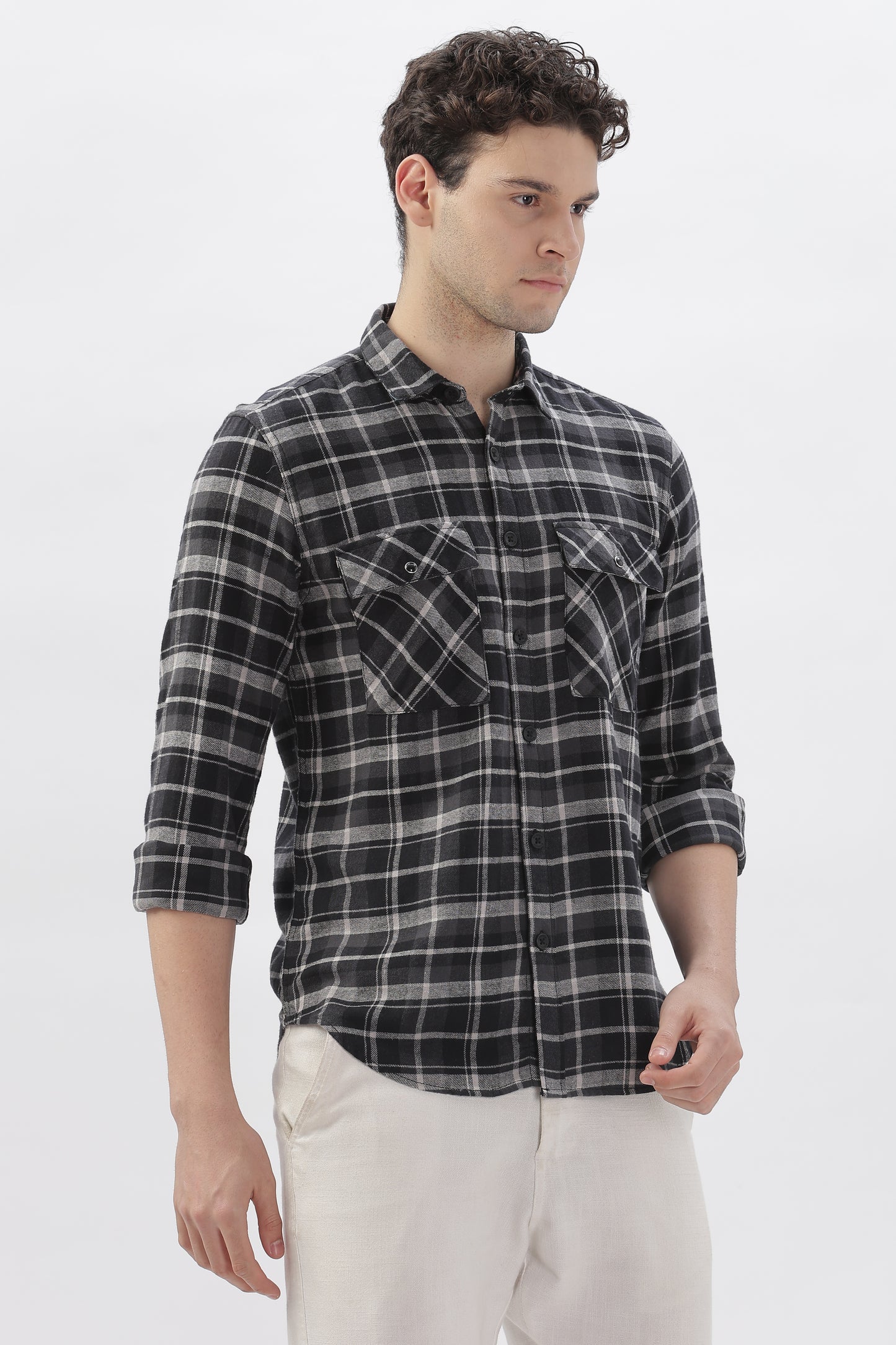 Double Pocket Black Checkered Shirt