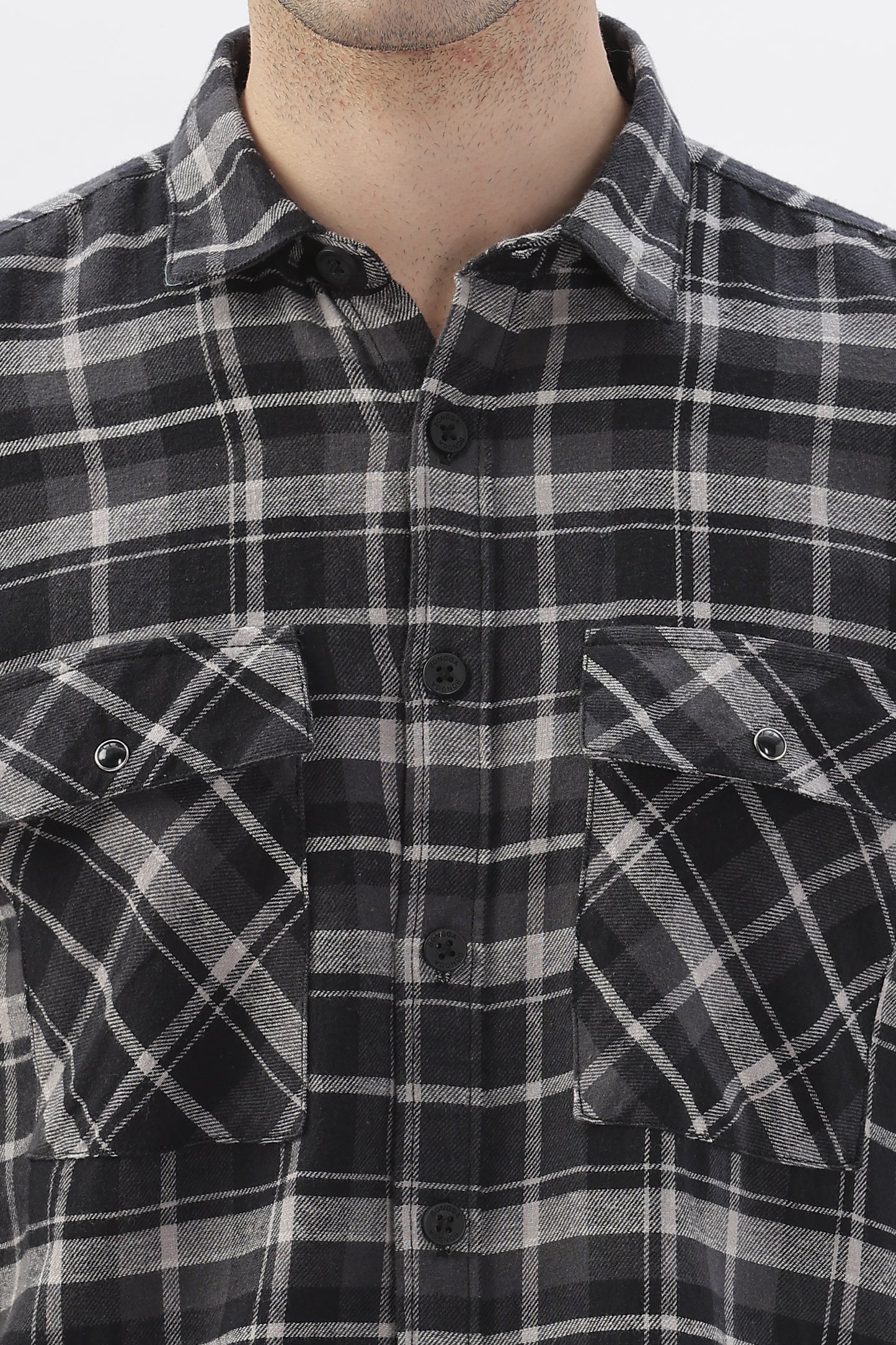 Double Pocket Black Checkered Shirt