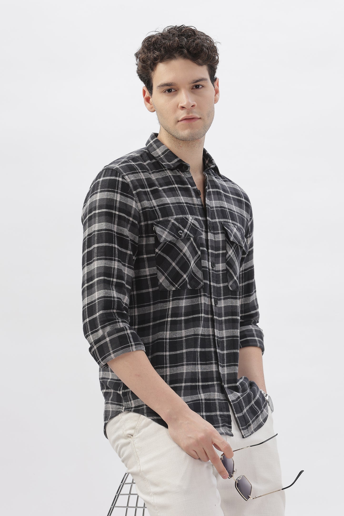 Double Pocket Black Checkered Shirt
